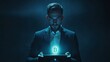 © Andrew - Cryptocurrency Enigma: A businessman, shrouded in mystery, presents a glowing bitcoin symbol, evoking intrigue and the potential of this digital currency in the realm of finance and technology.