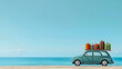 © julio - A Classic Teal Car With Luggage on Roof Parked on a Sandy Beach Overlooking the Turquoise Ocean Under a Clear Blue Sky Embarking on a Summer Road