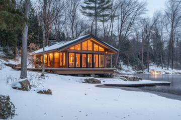 Wall Mural - A cozy cabin with large windows glows warmly amidst a snowy, serene forest landscape near a tranquil lake, exuding a peaceful, inviting atmosphere in the winter wilderness.