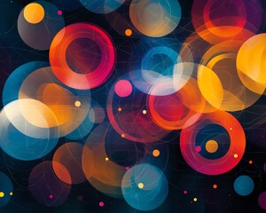 Poster - A dynamic abstract pattern with colorful circles interconnected by lines, forming a captivating and complex visual design with a modern feel