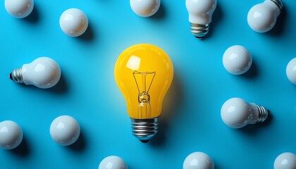Aufkleber - A glowing yellow light bulb surrounded by several white bulbs on a blue background, symbolizing creativity, innovation, and bright ideas