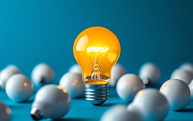 Leinwandbilder - A glowing yellow light bulb surrounded by white bulbs on a blue backdrop, illustrating creativity, innovation, and the illumination of new ideas