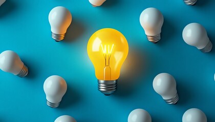 Aufkleber - A glowing yellow light bulb surrounded by several white bulbs on a blue background, symbolizing creativity, innovation, and bright ideas