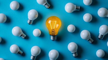 Aufkleber - A glowing yellow light bulb surrounded by several white bulbs on a blue background, symbolizing creativity, innovation, and bright ideas