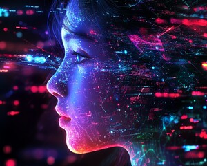 Aufkleber - A hightech digital scene featuring user profiles linked by bright, flowing lines of data, representing the fluid exchange of information in a modern networked environment