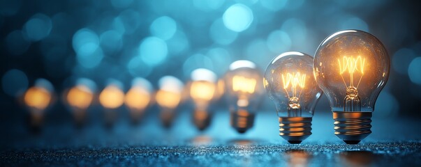 Poster - A series of glowing light bulbs on a blue background, symbolizing creativity, innovation, and the spark of new ideas in a visually captivating design