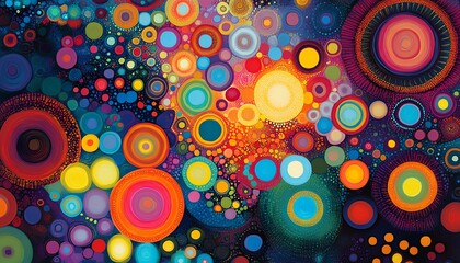Poster - A vibrant and colorful abstract design with various circles connected by lines, forming an intricate and engaging visual pattern