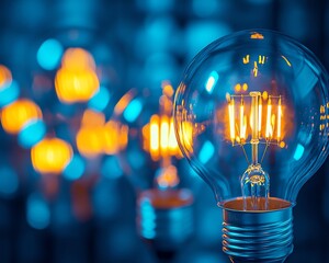 Poster - A vibrant collection of glowing light bulbs set against a blue background, representing the concept of innovation, creativity, and fresh ideas