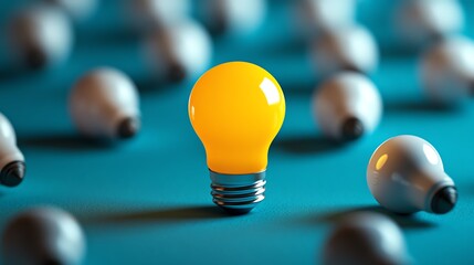 Aufkleber - A vibrant yellow light bulb glowing brightly amidst several white bulbs, set against a blue background, representing the spark of creativity and innovation