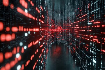 digital stream data tunnel with orange lights shimmering. visualization of information, data process