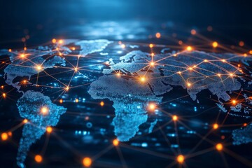 abstract global network with world map and glowing connections on dark blue background