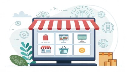 Online Shopping Concept with Virtual Storefront on Computer Screen