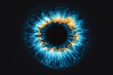 Wall Mural - Radiating blue and yellow energy from a glowing eye creates a captivating visual effect, evoking feelings of magic and cosmic wonder