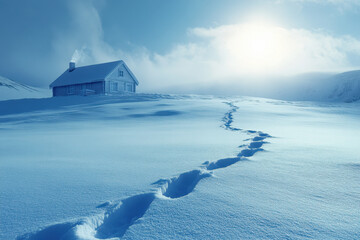 Wall Mural - Tranquil winter scene of a solitary cabin on a snow-covered landscape with footprints leading towards it under a serene, bright sky.