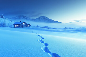 Wall Mural - A cozy cabin glows warmly against a serene, snow-covered landscape, with footprints leading through untouched snow under a clear, twilight winter sky.