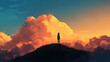 © alexandre - A distant silhouette of a lone anime character stands atop a grassy hill against a colorful and atmospheric sky filled with soft clouds in an expressive and serene digital artwork.