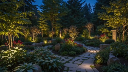 Wall Mural - Illuminated Pathway Through a Serene Garden at Night Surrounded by Lush Greenery and Flowers