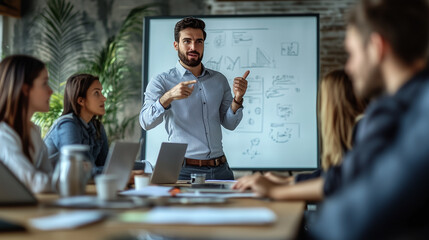 Business meeting in a bright office. Group of people sitting around the table in the office.