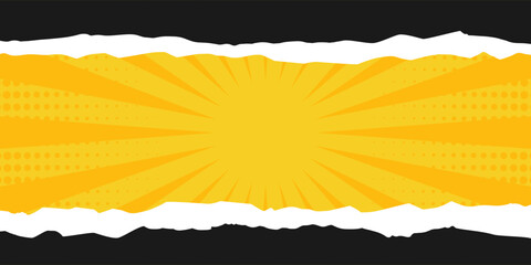 Wall Mural - Pop art background decorated with cut and torn paper, halftone and rays. Black and yellow retro design template. Vector illustration
