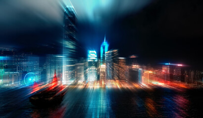 Poster - Hong Kong cityscape at night with radials and motion blur effect. Lights streak across the dark sky and water, creating a dynamic, abstract urban scene.