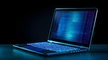 Modern Silver Laptop With Illuminated Keyboard And Abstract Blue Data Stream Displayed On Screen In Dark Environment With Dramatic Lighting