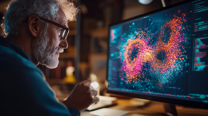 Analyzing Code: Senior developer viewing complex data visualization on screen for software project improvement and debug