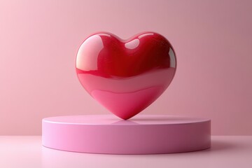 Poster - Minimalist 3D Red Heart on Pink Pedestal Background for Valentine's Day Event