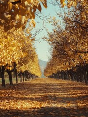 Wall Mural - golden canopy, a symphony of autumnal hues in the orchard pathway
