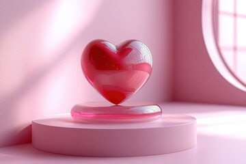 Poster - Minimalist 3D Red Heart on Pink Pedestal for Valentine's Day Background Mockup Scene