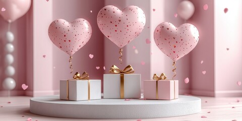 Poster - Valentine's Day Heart Balloons Gift Boxes Minimalistic 3D Render Background