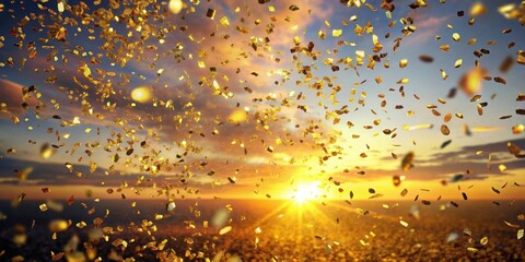 Wall Mural - colorful festive gold confetti falling gently from the sky at sunset, creating a joyful and celebrat