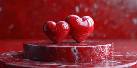 Poster - Minimalist Love Display Background with Glossy Red Hearts on Pedestal for Valentine's Day Celebration