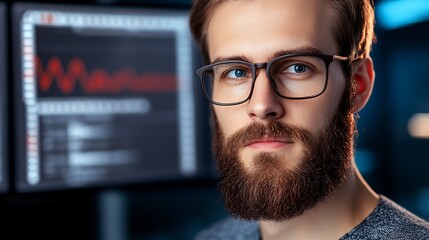 Bearded man, glasses, coding, dark room