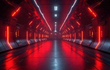 Aufkleber - Futuristic Sci-Fi Corridor with Neon Lighting and Dark Metallic Textures