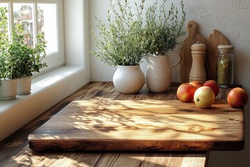 Fototapete - Wooden Cutting Board on Counter in Bright Minimalist Kitchen with Natural Light