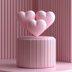 Poster - Minimalist 3D Heart Shapes on Cylindrical Pedestal in Pastel Pink for Valentine's Day Celebration