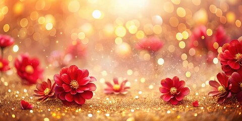 Wall Mural - floral background with red gradient and gold glitter, delicate flowers in soft focus
