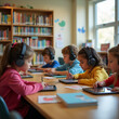 © 정연 유 - Es la biblioteca de una escuela primaria, los niños estudian en almohadillas con los auriculares puestos, el ambiente es cálido y tranquilo.