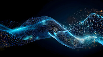Abstract Blue Wavy Particles Flowing on Dark Background with Glowing Light Effect