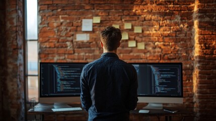 Coder contemplates code, brick wall backdrop