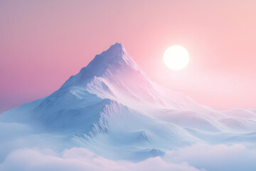 Wall Mural - Majestic snow-covered mountain peak illuminated by a warm, serene sunset casting pink hues across a tranquil sky.