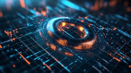 Poster - A close-up of a futuristic D donut chart with segmented, glowing parts, floating above a digital grid, representing complex financial data