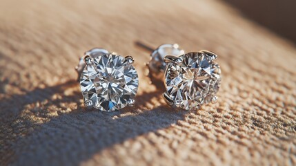 Leinwandbilder - A detailed macro view of a pair of classic diamond earrings resting on a textured surface, with soft shadows enhancing the depth and dimension