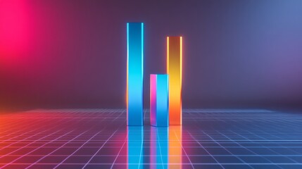 Aufkleber - A dynamic bar graph with tall, shiny bars in blue and orange, standing on a reflective grid, symbolizing financial success and economic performance