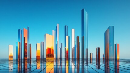 Aufkleber - A dynamic bar graph with tall, shiny bars in blue and orange, standing on a reflective grid, symbolizing financial success and economic performance