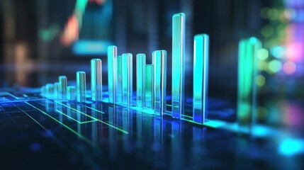 Aufkleber - A futuristic bar graph with transparent bars glowing in shades of blue and green, hovering above a reflective surface, symbolizing financial trends