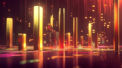 Aufkleber - A set of metallic D bars in a financial chart rising steadily in height, with a dark, futuristic background and glowing digital data points floating around