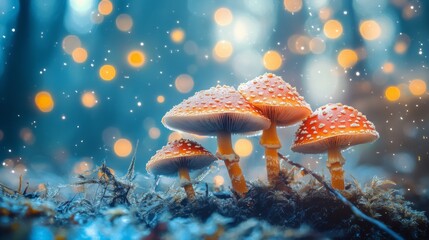 Poster - A whimsical scene of mushrooms with sparkling dew in a misty forest, showcasing the magical atmosphere of nature in the early morning light