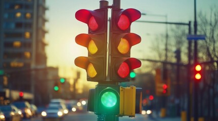 Poster - A wide-angle view of multiple traffic lights at an intersection, showcasing various colors, with cars and buildings blurred in motion in the background