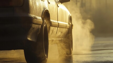 Aufkleber - Smoke from a vehicle exhaust pipe slowly dissipating into the cold morning air, with soft light and visible condensation creating a moody effect